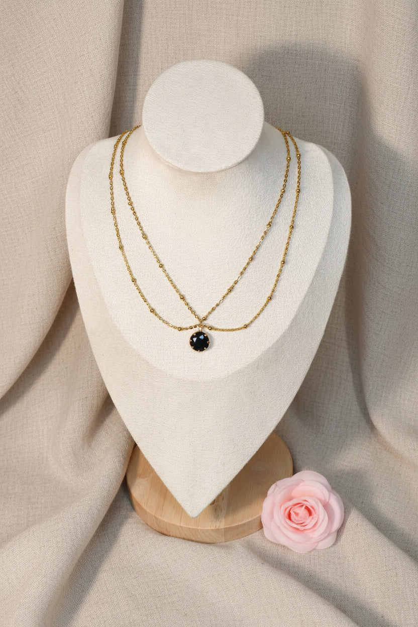 Collier double chaîne dorés avec pierre noire ronde centrale - Rêve de Rose