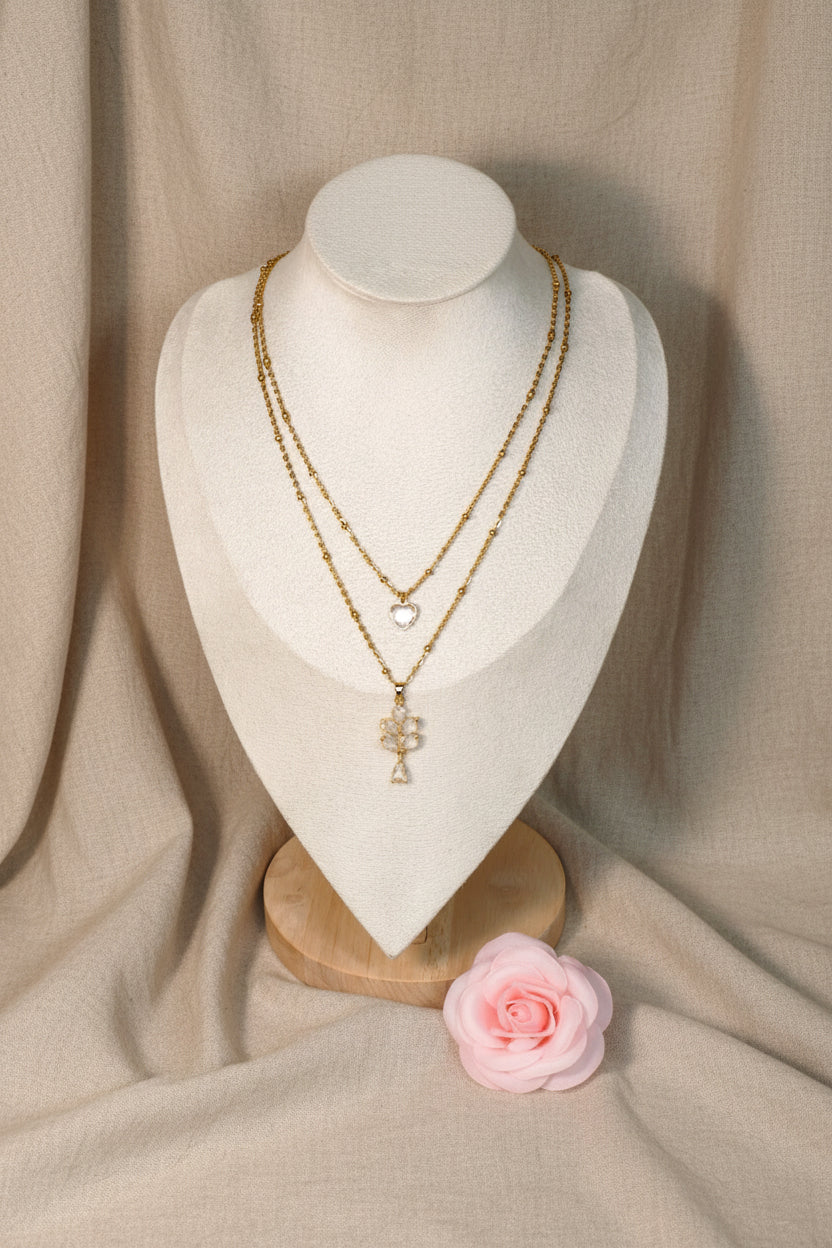 Collier double chaîne avec une cœur scintillant et une fleur scintillante - Rêve de Rose 