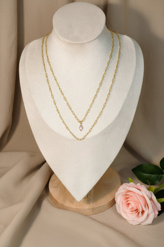 Collier double chaîne doré avec pendentif petite pierre en losange scintillante rose - Rêve de Rose