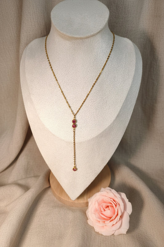 Collier Y avec 2 pierres roses centrales et une à la pointe - Rêve de Rose
