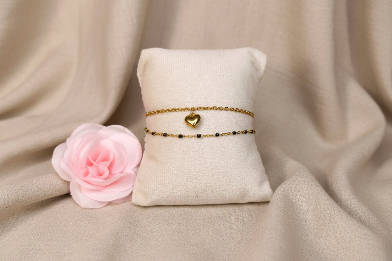 Bracelet double chaîne doré et noir avec pendentif cœur doré - Rêve de Rose