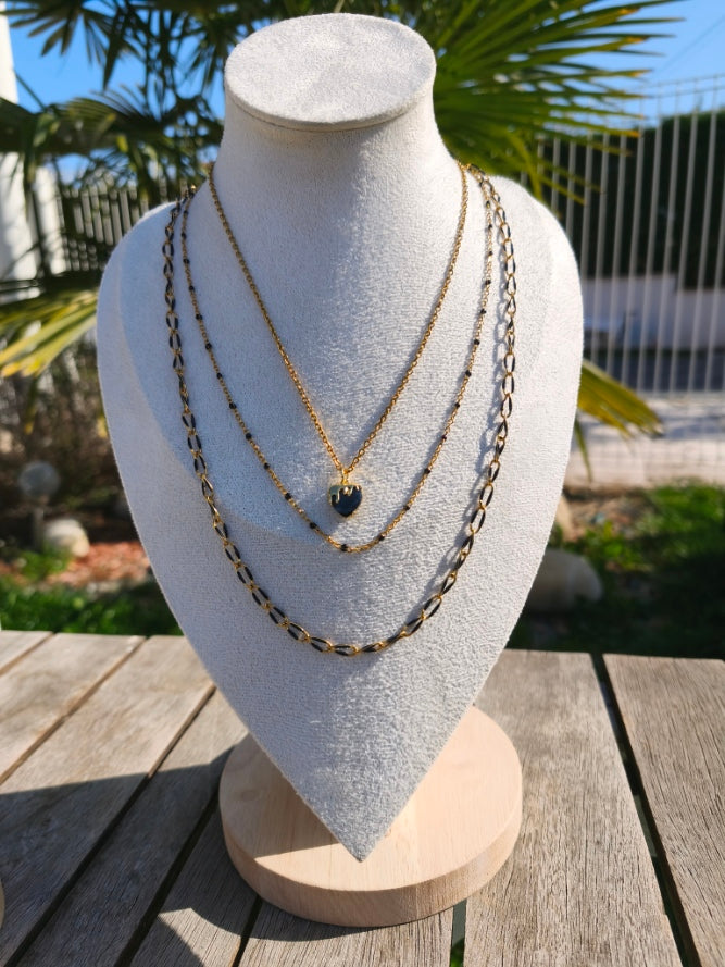 Collier triple chaîne doré et noir avec pendentif cœur noir - Rêve  de Rose