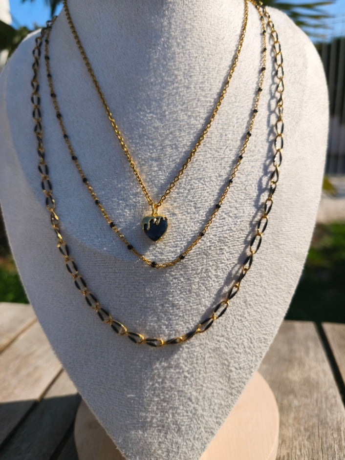 Collier triple chaîne doré et noir avec pendentif cœur noir - Rêve  de Rose