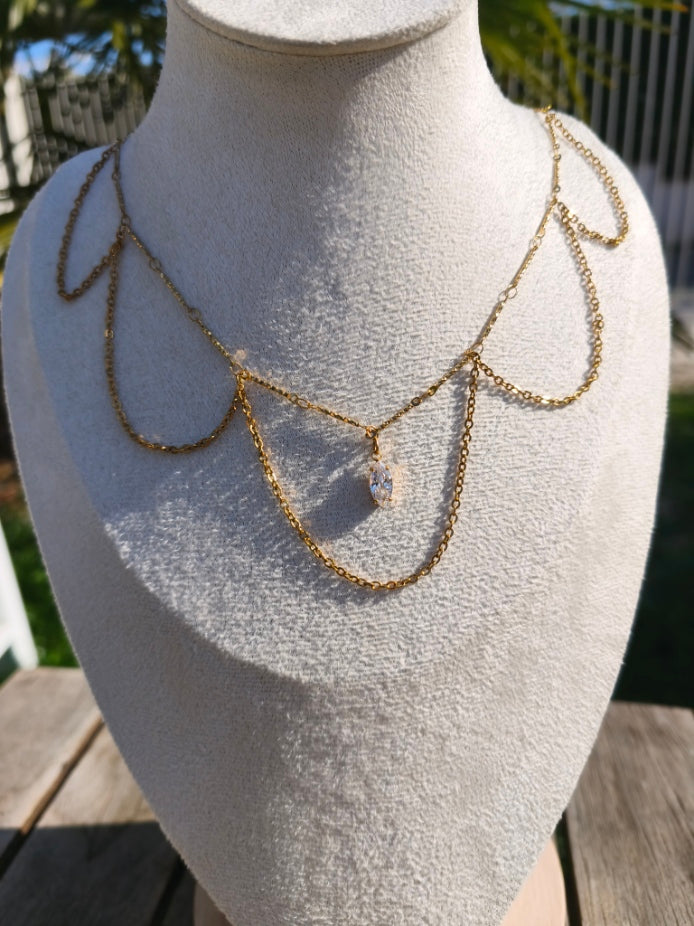 Collier double chaîne en fleur avec pierre scintillante ovale - Rêve de Rose