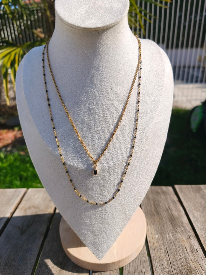 Collier double chaîne dorée et noire avec petite pierre noire - Rêve de Rose