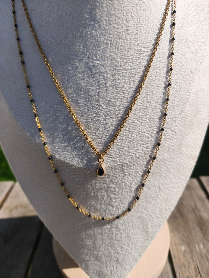 Collier double chaîne dorée et noire avec petite pierre noire - Rêve de Rose