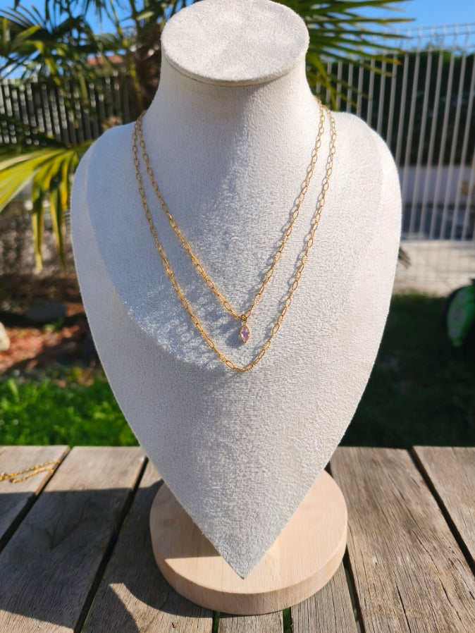Collier double chaîne doré avec pendentif petite pierre en losange scintillante rose - Rêve de Rose