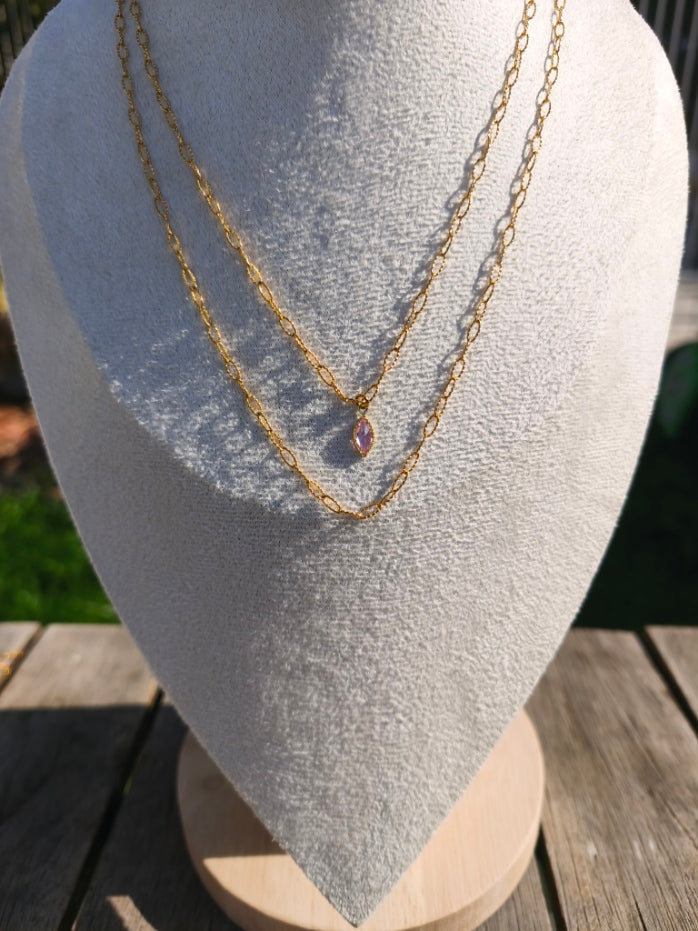 Collier double chaîne doré avec pendentif petite pierre en losange scintillante rose - Rêve de Rose