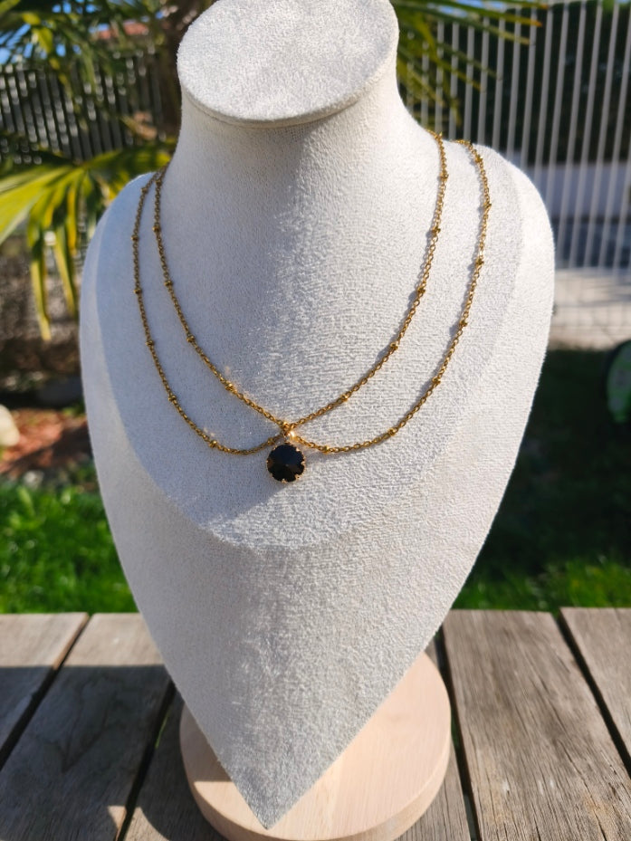 Collier double chaîne dorés avec pierre noire ronde centrale - Rêve de Rose