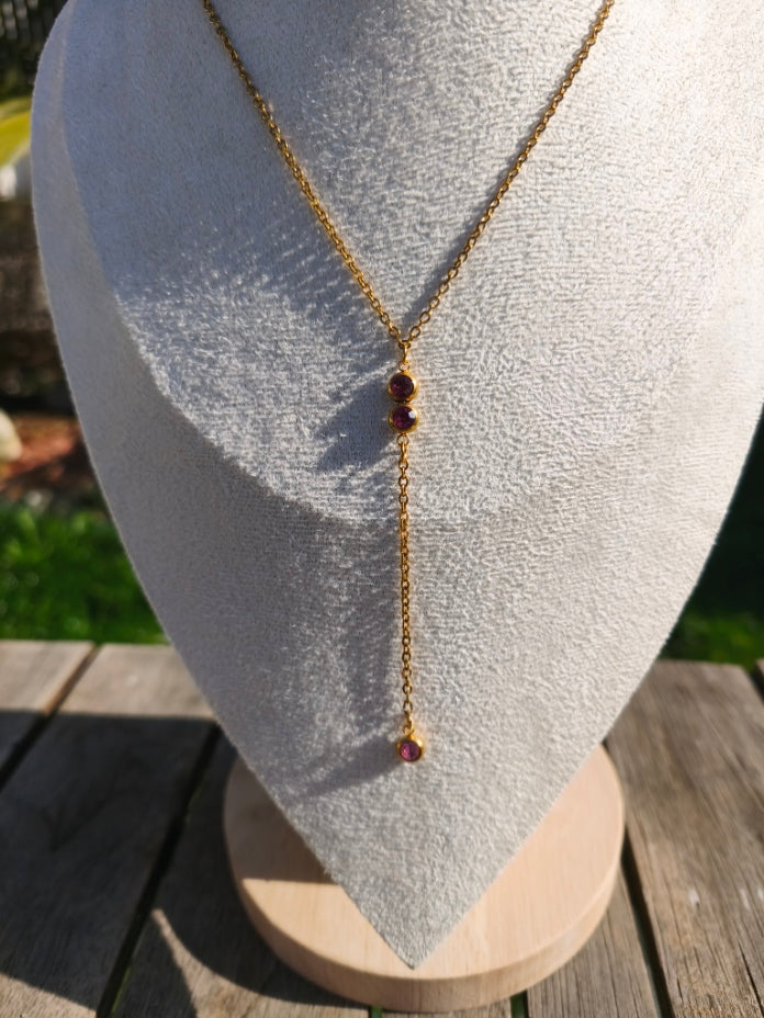 Collier Y avec 2 pierres roses centrales et une à la pointe - Rêve de Rose