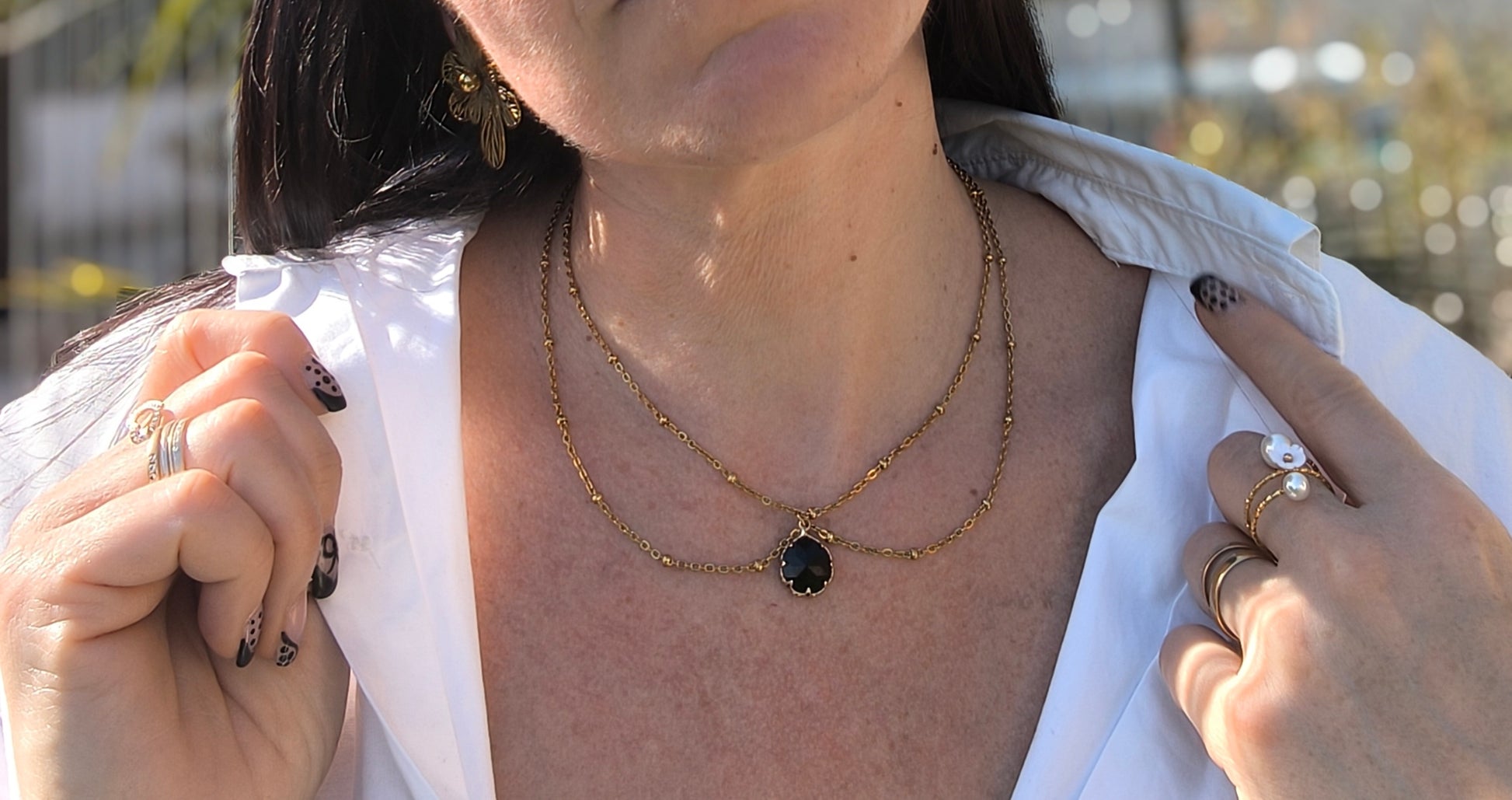 Collier double chaîne dorés avec pierre noire ronde centrale - Rêve de Rose