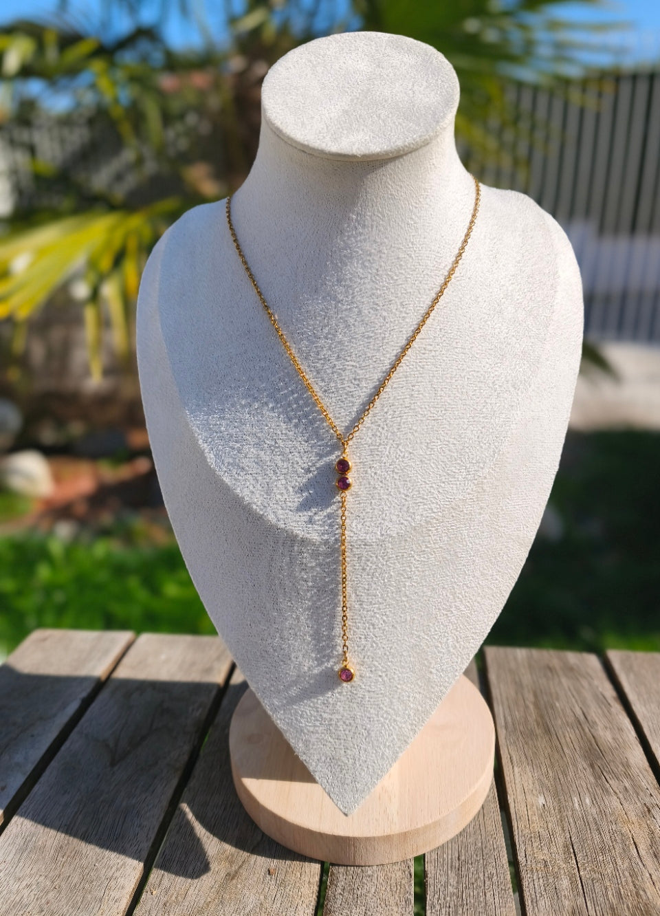 Collier Y avec 2 pierres roses centrales et une à la pointe - Rêve de Rose