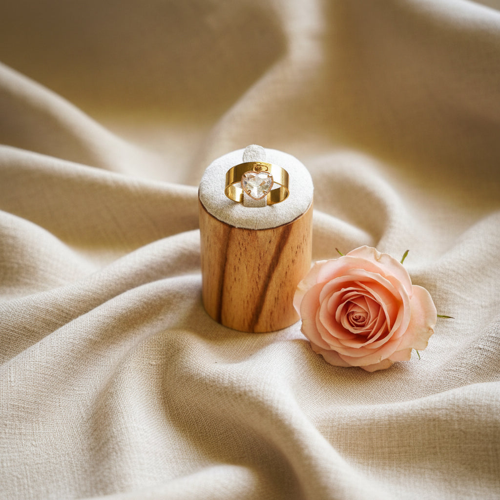 Bague acier inoxydable doré avec un charm cœur pierre scintillante - Rêve de Rose