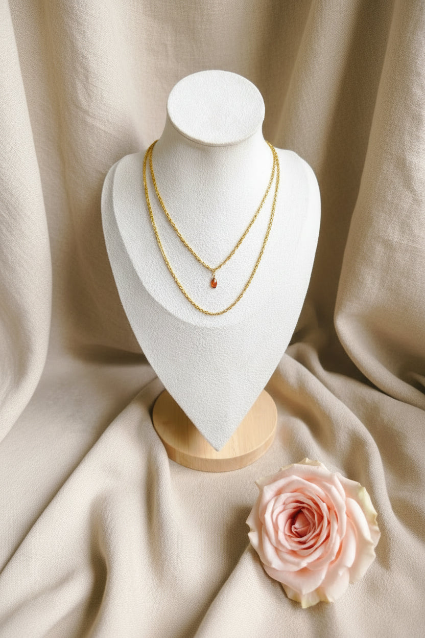 Collier double chaîne fine avec petite pierre goutte marron orangé - Rêve de Rose