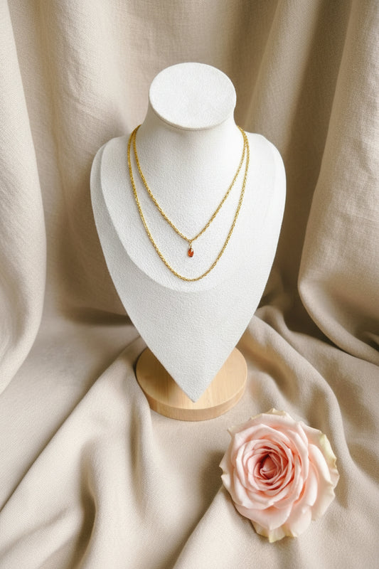 Collier double chaîne fine avec petite pierre goutte marron orangé - Rêve de Rose