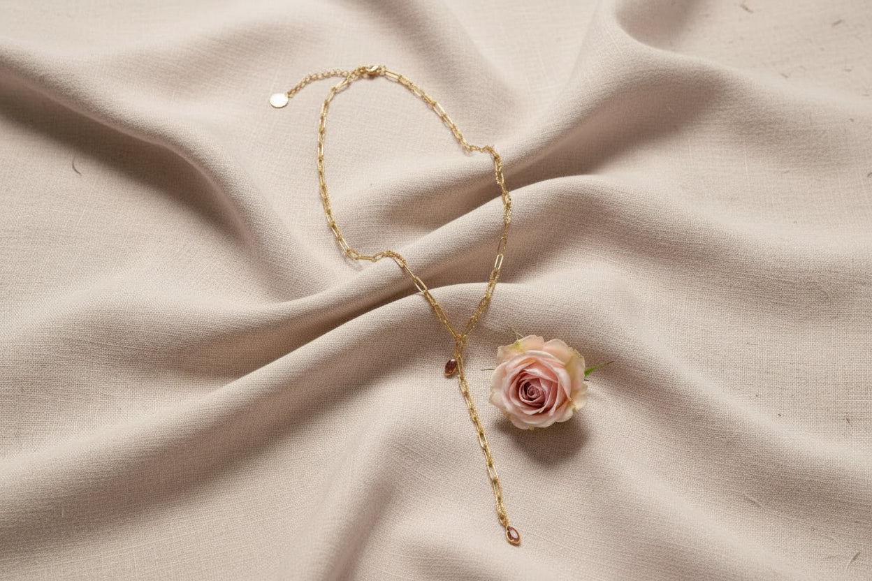 Collier Y avec 2 pierres larme marron orangé - Rêve de Rose 