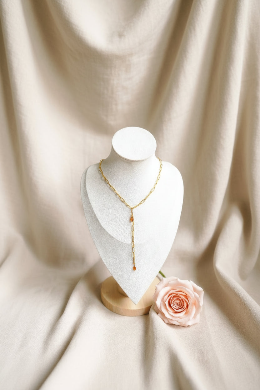 Collier Y avec 2 pierres larme marron orangé - Rêve de Rose 