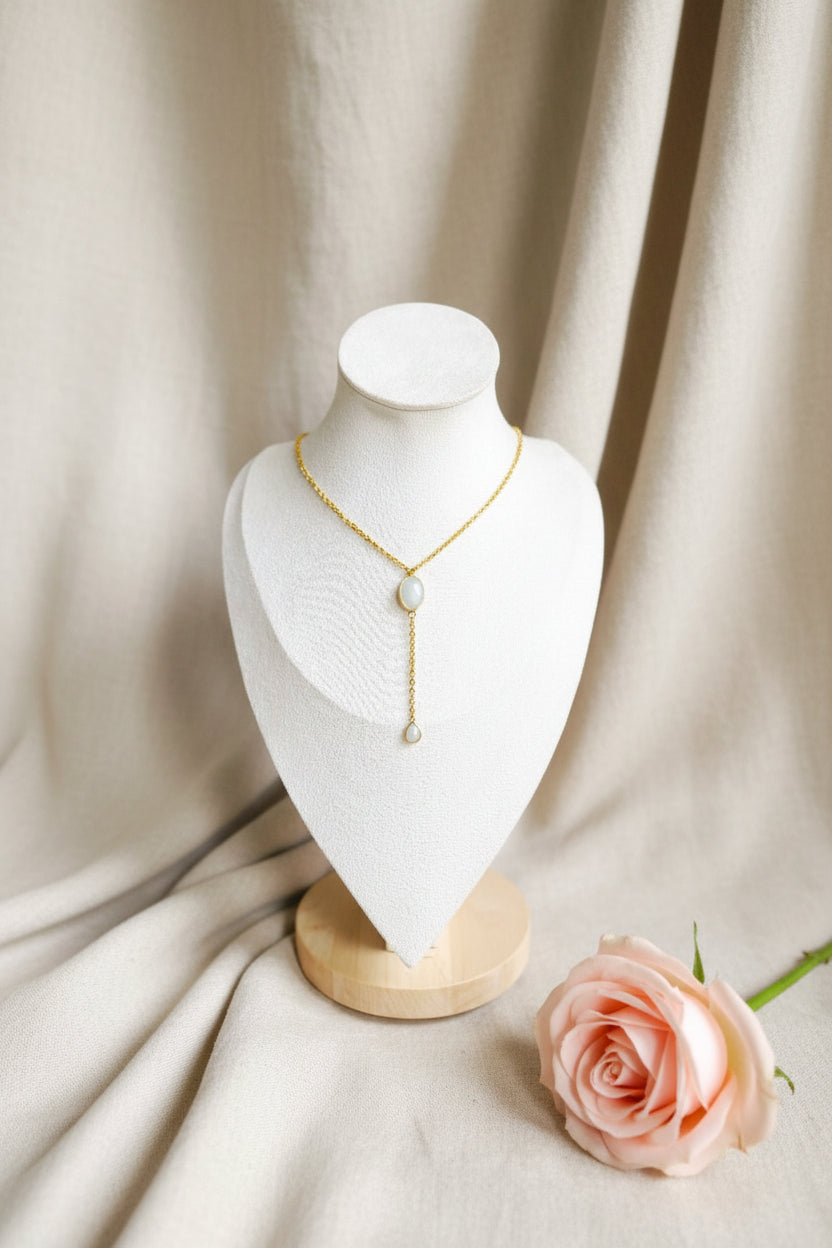 Collier Y avec grosse pierre ovale et petite pierre goutte vertes pastel - Rêve de Rose