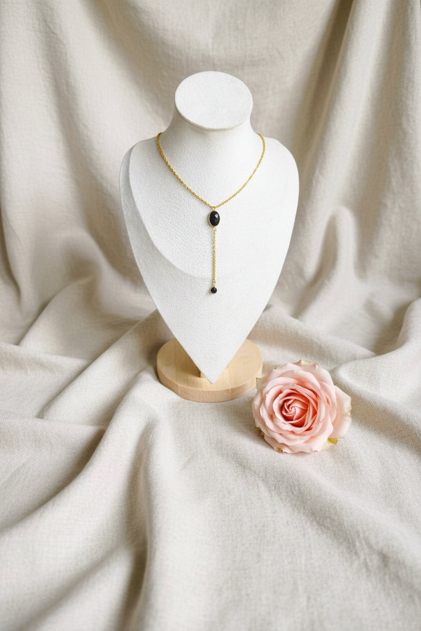 Collier Y avec pierre ovale noire et petite pierre ronde noire - Rêve de Rose