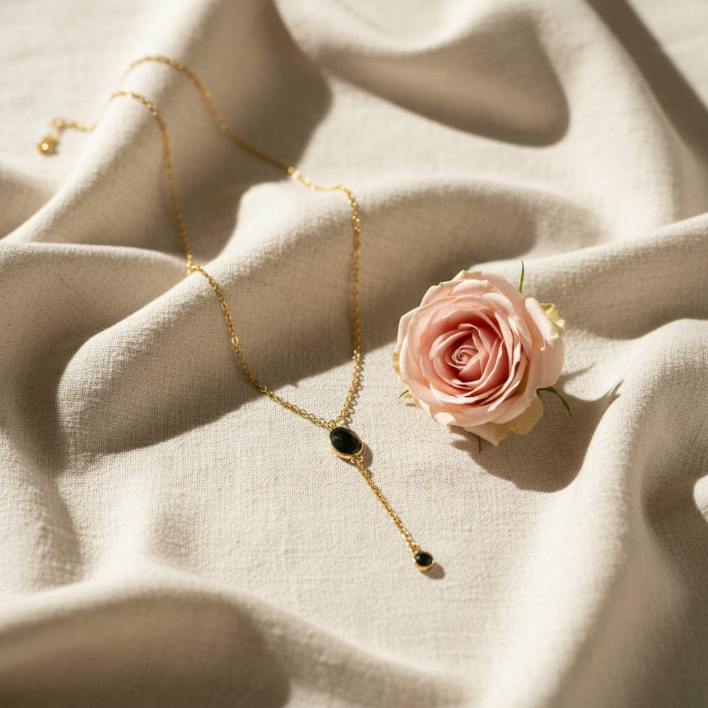 Collier Y avec pierre ovale noire et petite pierre ronde noire - Rêve de Rose