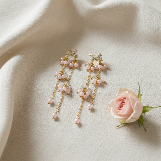 Boucles d'oreilles pendantes dorées avec strass pierres et chaînes fines - Rêve de Rose