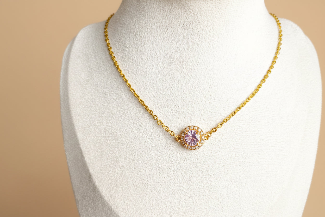 Collier chaîne fine avec pierre scintillante rose et strass - Rêve de Rose