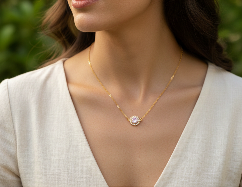 Femme portant Collier chaîne fine avec pierre scintillante rose et strass - Rêve de Rose