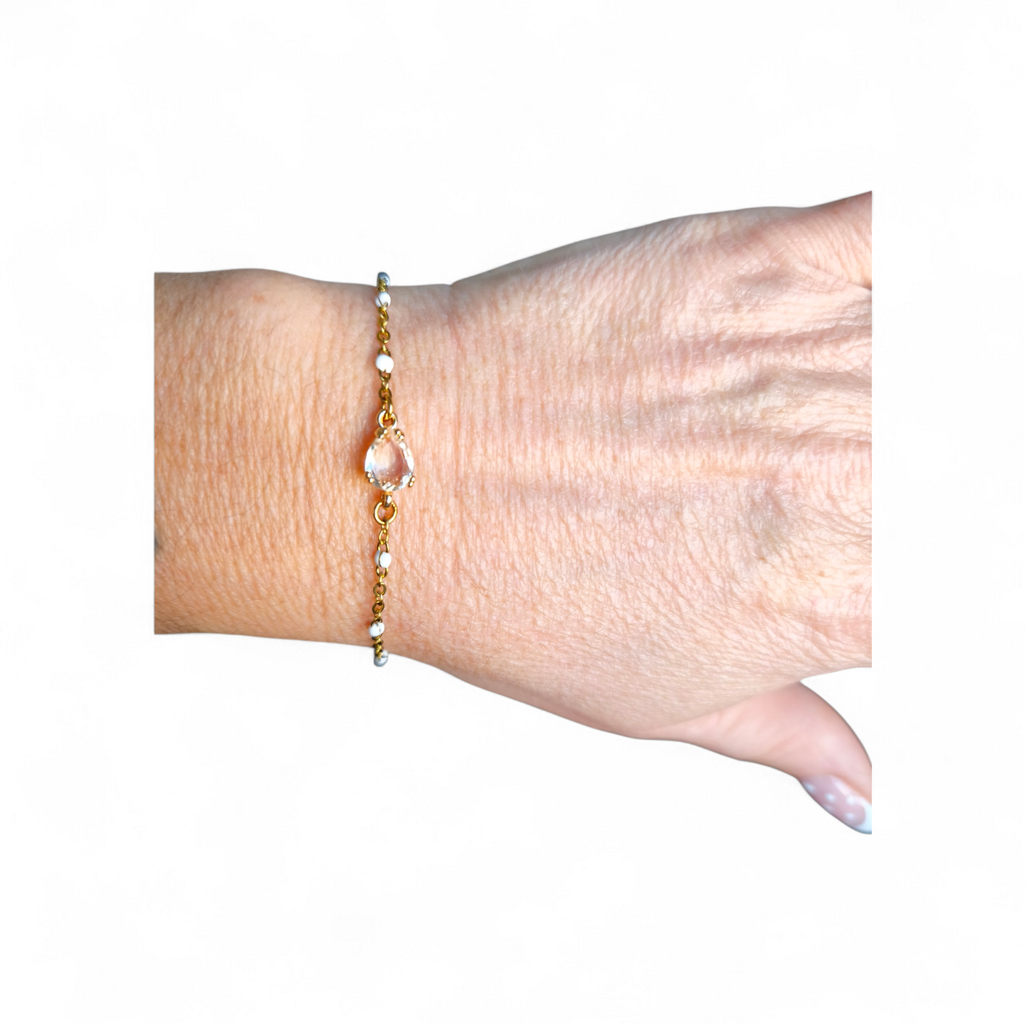 Bracelet chaîne fine acier inoxydable et perles blanches avec pierre verre scintillante - Rêve de Rose 