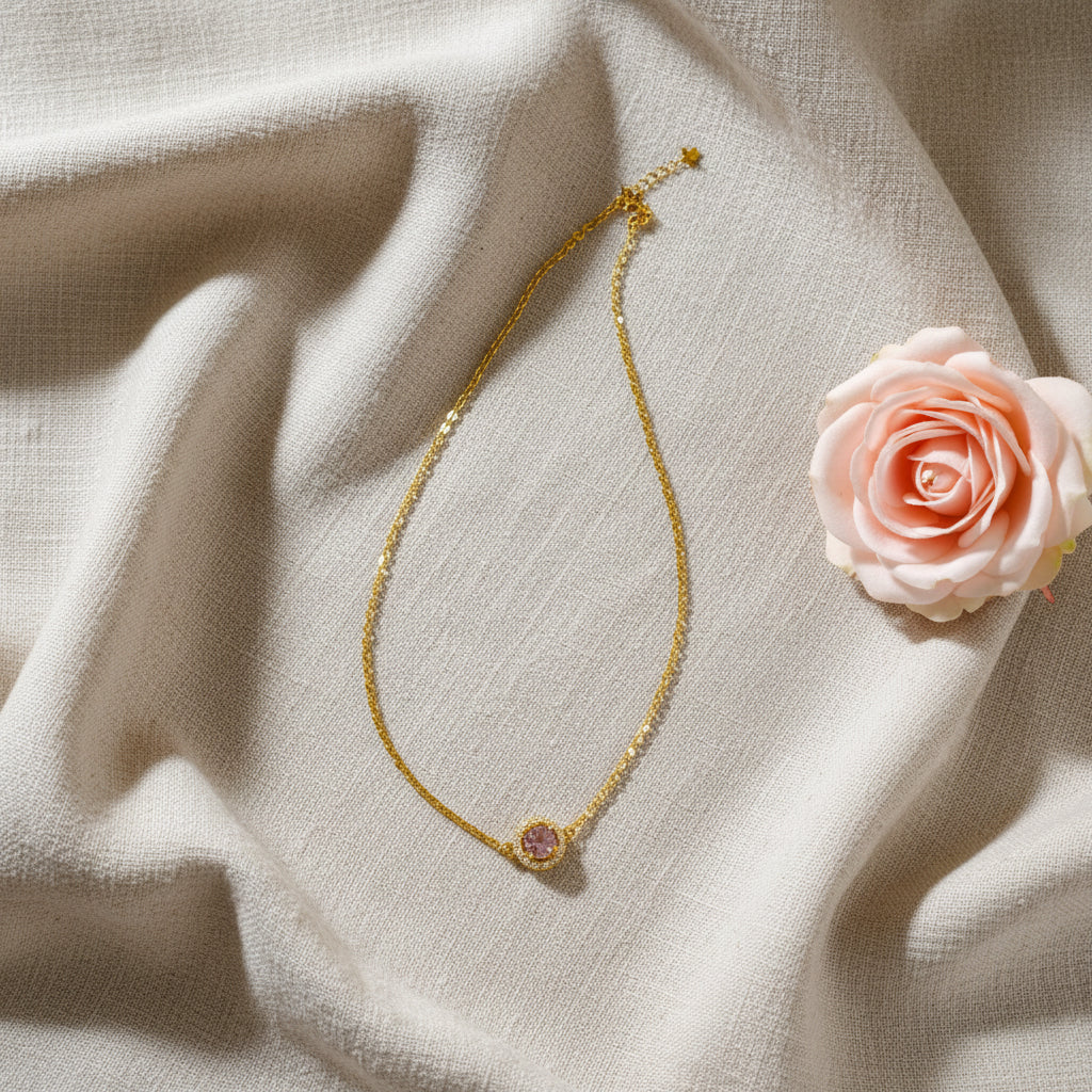 Collier chaîne fine avec pierre scintillante rose et strass - Rêve de Rose