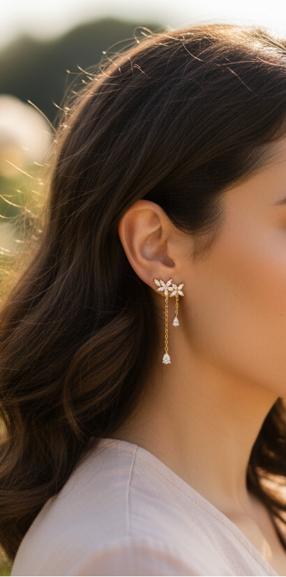 Détail boucles d'oreilles Floralie – fleurs grimpantes serties de zirconiums et larmes pendantes en argent doré