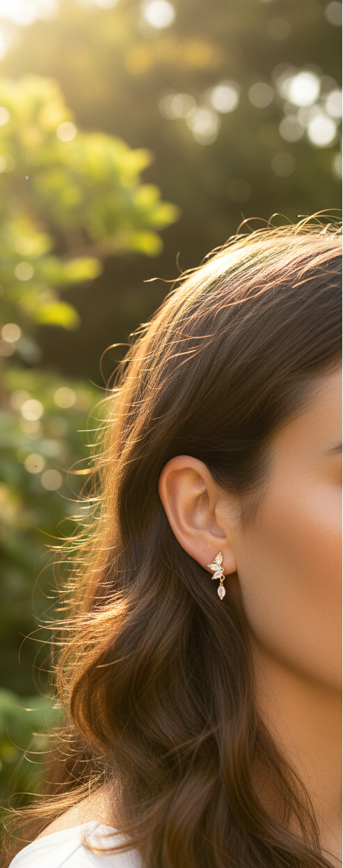 Boucles d'oreilles papillon zirconium plaqué or portées par un modèle – bijou Rêve de Rose