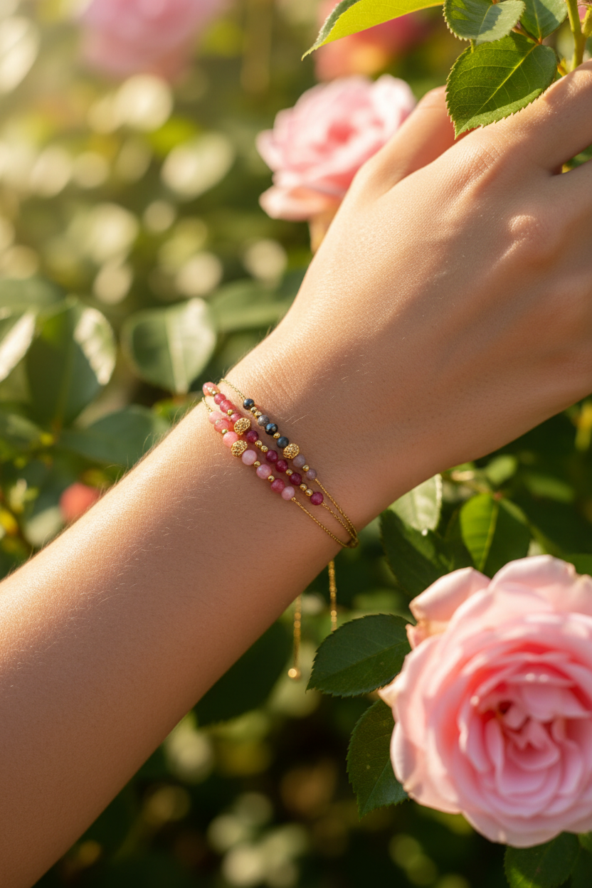 Bracelet Fara – Tourmaline Rose & Rhodochrosite – Acier Inoxydable