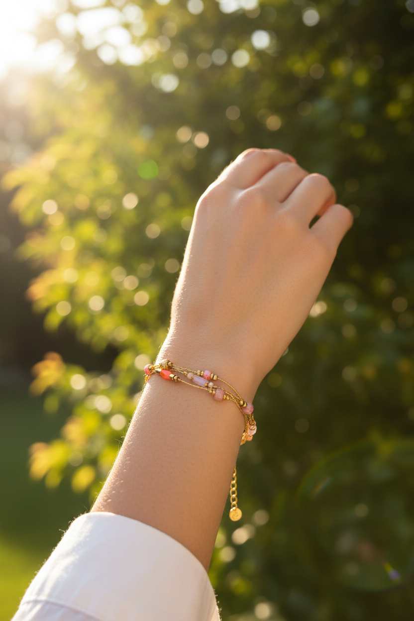 Bracelet Dona – Pierres Naturelles & Perles de Verre – Acier Inoxydable