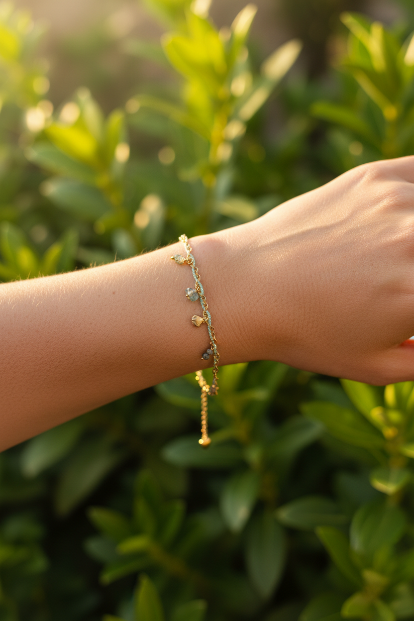 Bracelet doré pierres naturelles et perles de verre acier inoxydable chainette réglable porté – Rêve de Rose