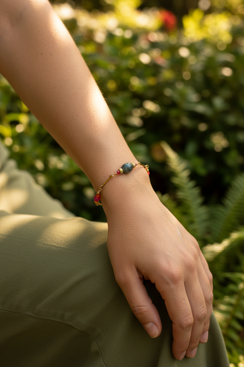 Bracelet pierres naturelles multicolores et oxyde de zirconium acier inoxydable doré réglable porté – Rêve de Rose