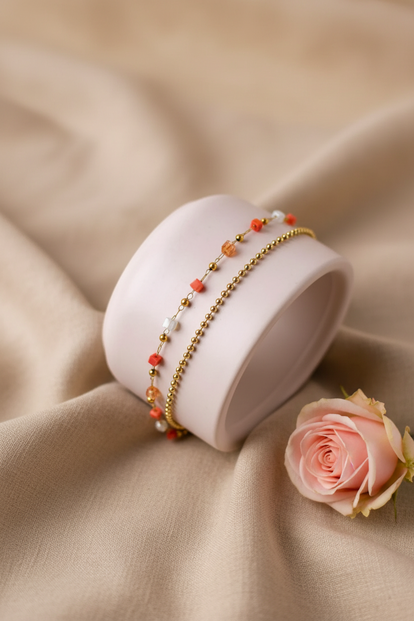 Bracelet Féria - Cristaux & Perles Dorées – Orange ou Vert – Acier Inoxydable