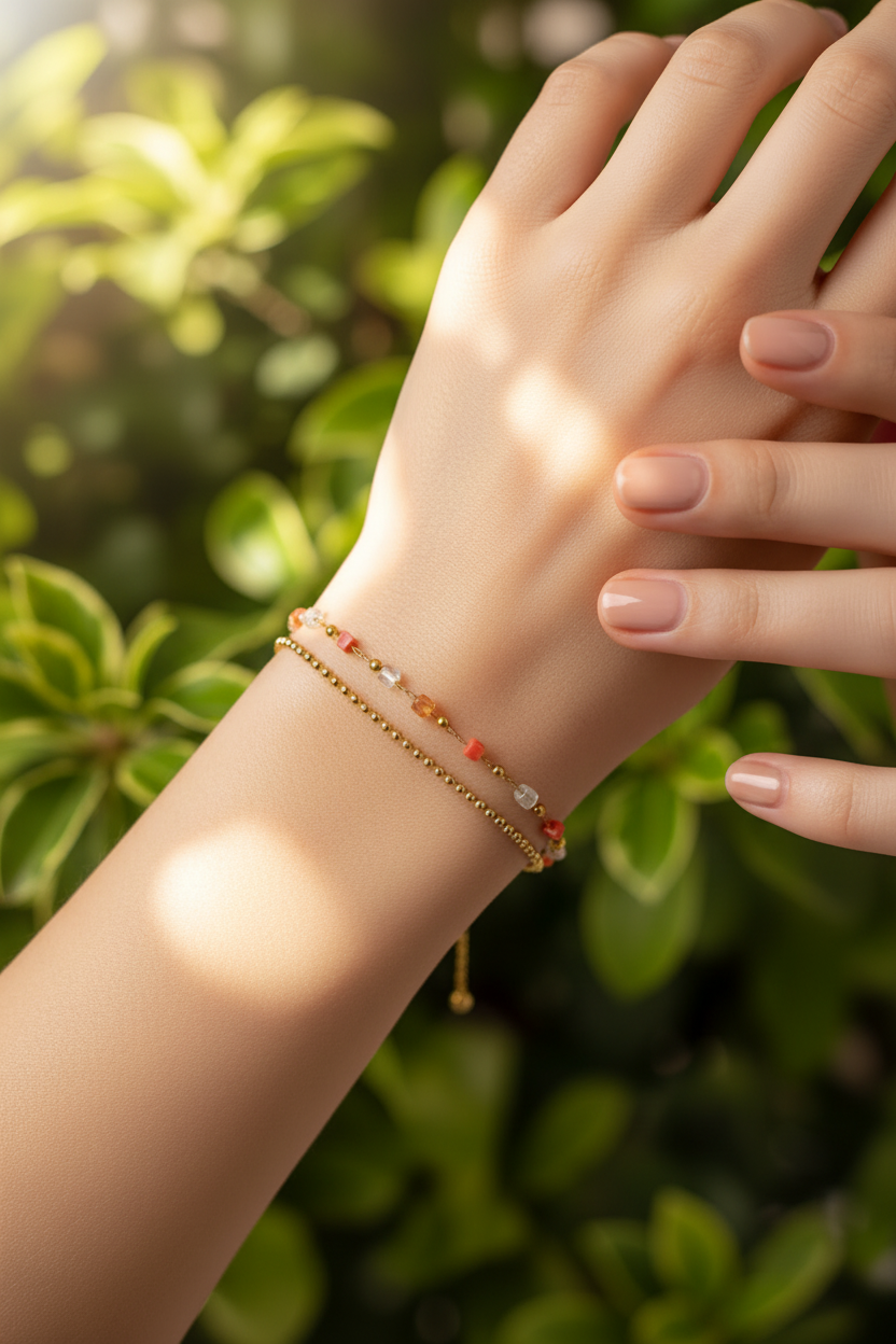 Bracelet Féria - Cristaux & Perles Dorées – Orange ou Vert – Acier Inoxydable