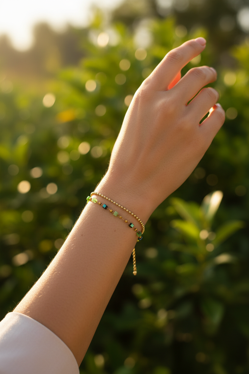 Bracelet Féria - Cristaux & Perles Dorées – Orange ou Vert – Acier Inoxydable
