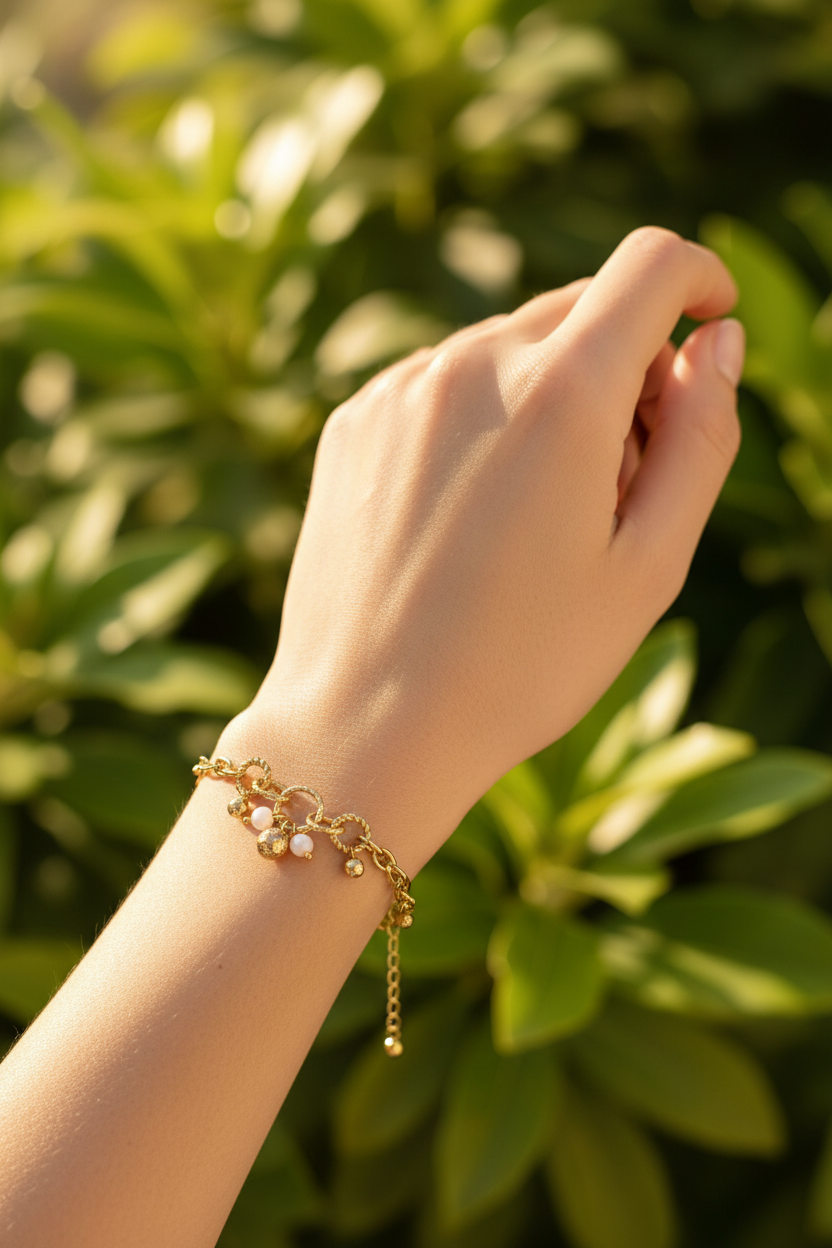 Bracelet chaîne maille ovale en acier inoxydable doré avec anneaux torsadés, perles dorées et petites perles en coquillage blanc naturel, chaînette de réglage et fermoir mousqueton"