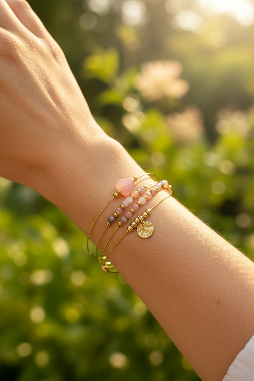 Set de 5 bracelets joncs rigides en acier inoxydable doré avec perles dorées et breloque médaille, version pierre de soleil rosée