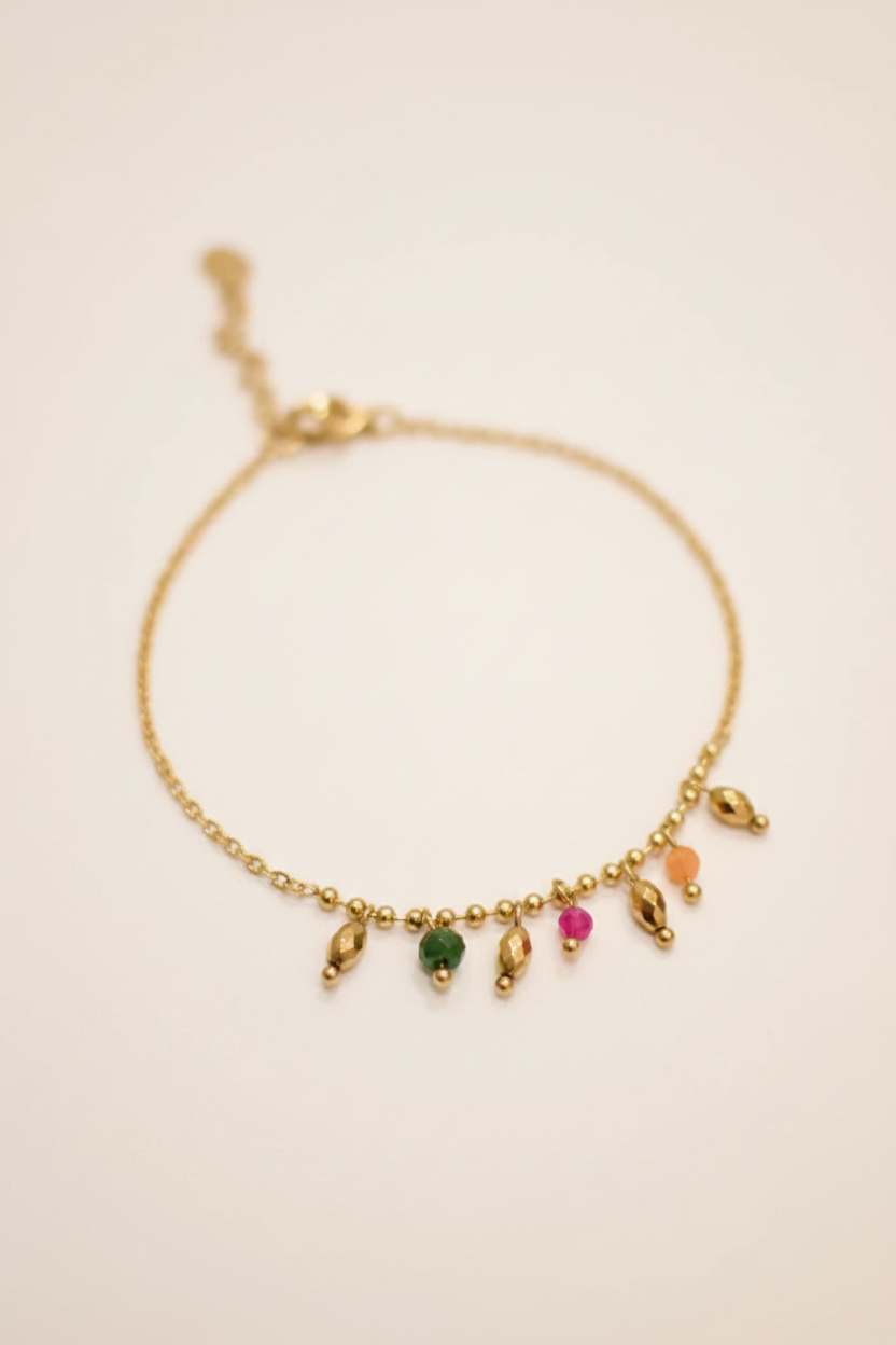 Bracelet chaîne billes en acier inoxydable doré avec breloques pierres naturelles multicolores vert fuchsia orange et chaînette de réglage 