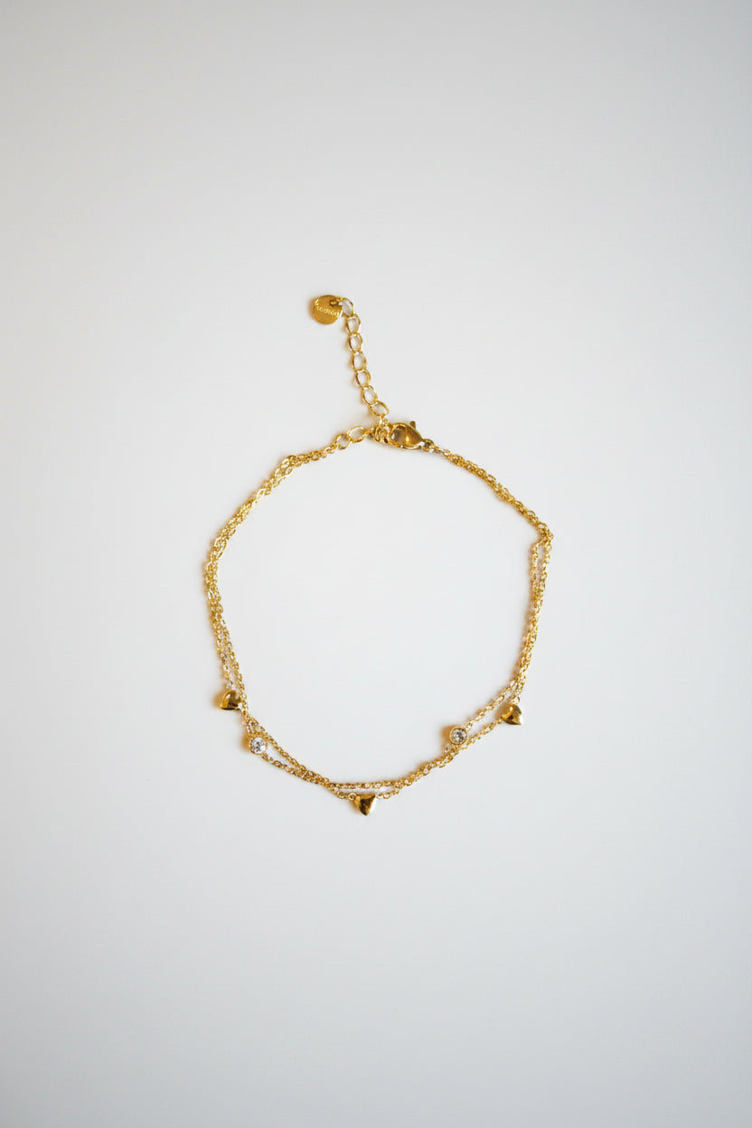Chaîne de Cheville Double Chaîne Pierres & Mini Cœurs Dorés – Acier Inoxydable