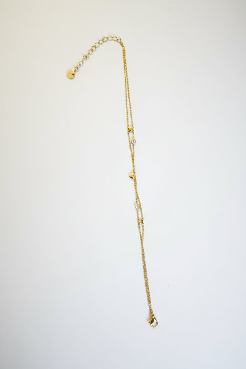 Chaîne de Cheville Double Chaîne Pierres & Mini Cœurs Dorés – Acier Inoxydable