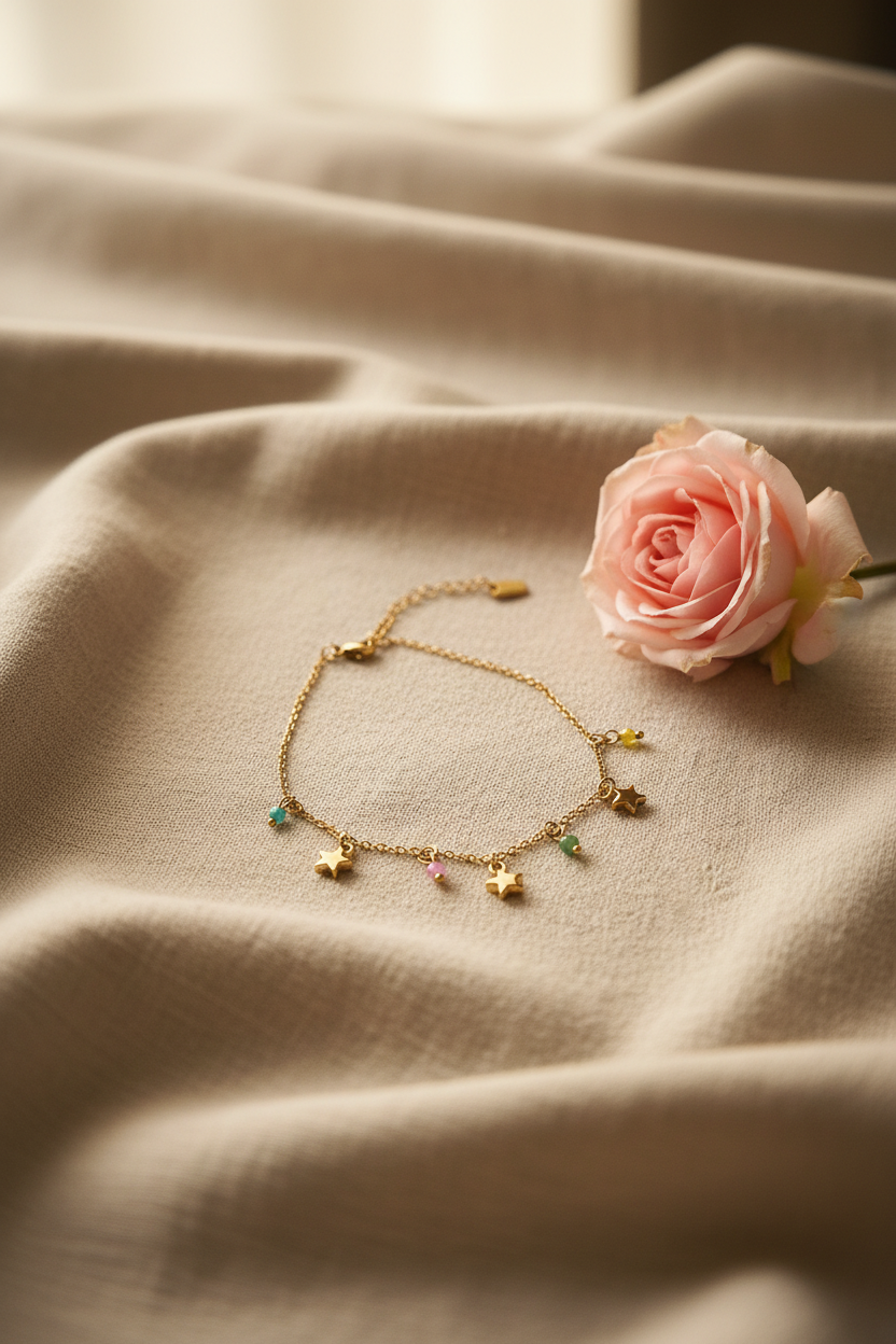 Chaîne de cheville dorée charms étoiles et pierres colorées acier inoxydable – Rêve de Rose