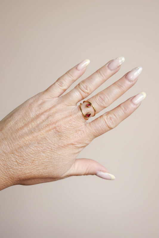 Bague Passion acier inoxydable doré cœur rose & goutte rouge – bijou ajustable romantique sans nickel Rêve de Rose
