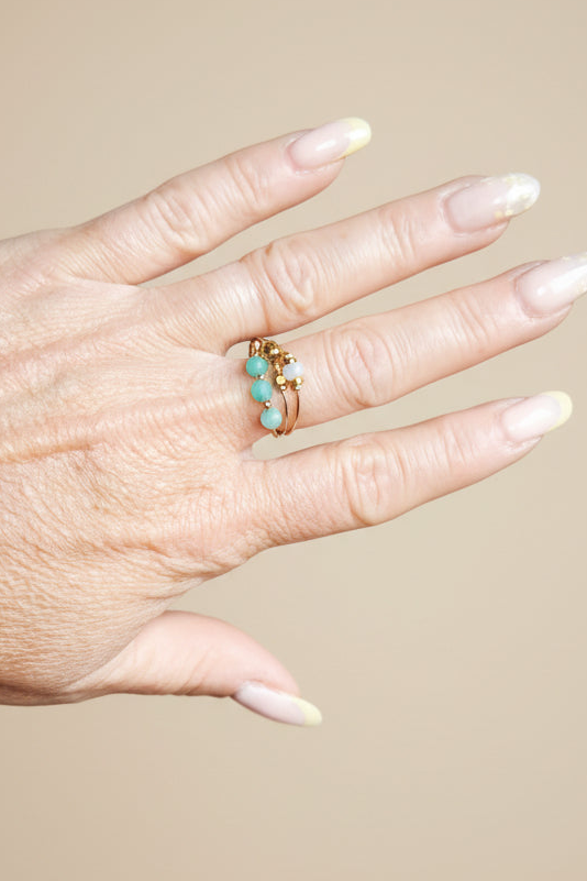 Bague Jade ajustable triple anneau en acier inoxydable doré avec pierres naturelles amazonite vert d'eau – vue  détails