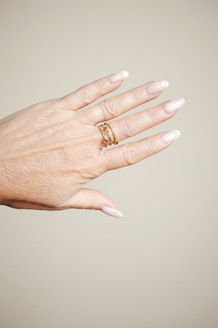 Bague Céleste ajustable en acier inoxydable doré avec pierres scintillantes rouge, orange et vert – porté sur une main