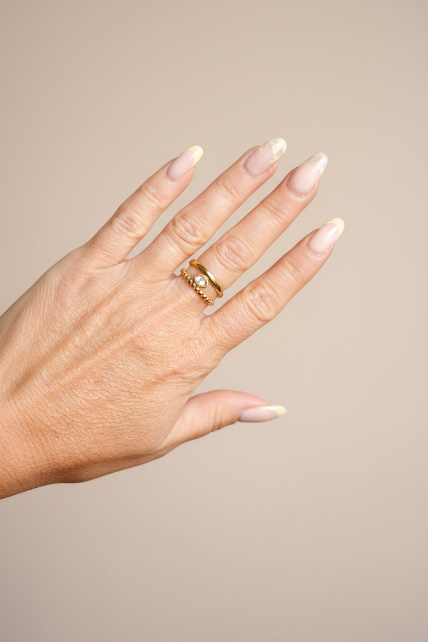 Bague Étoile acier inoxydable doré double anneau & cristal ovale – bijou ajustable sans nickel Rêve de Rose
