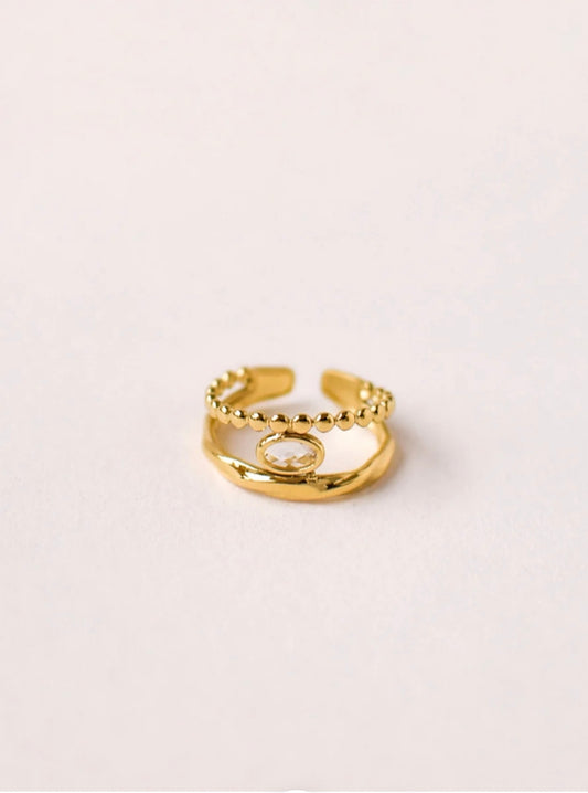 Bague Étoile ajustable double anneau doré rang perlé et martelé avec cristal ovale translucide – vue principale