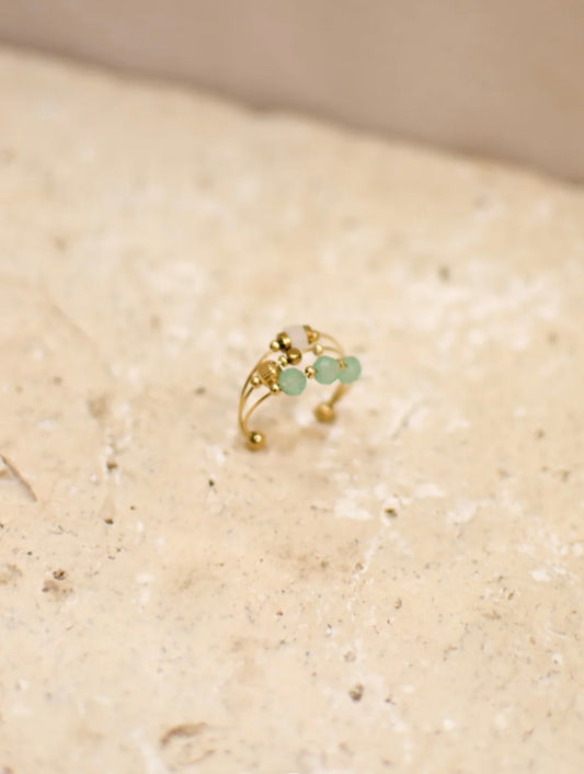 Bague Jade ajustable triple anneau en acier inoxydable doré avec pierres naturelles amazonite vert d'eau – vue principale